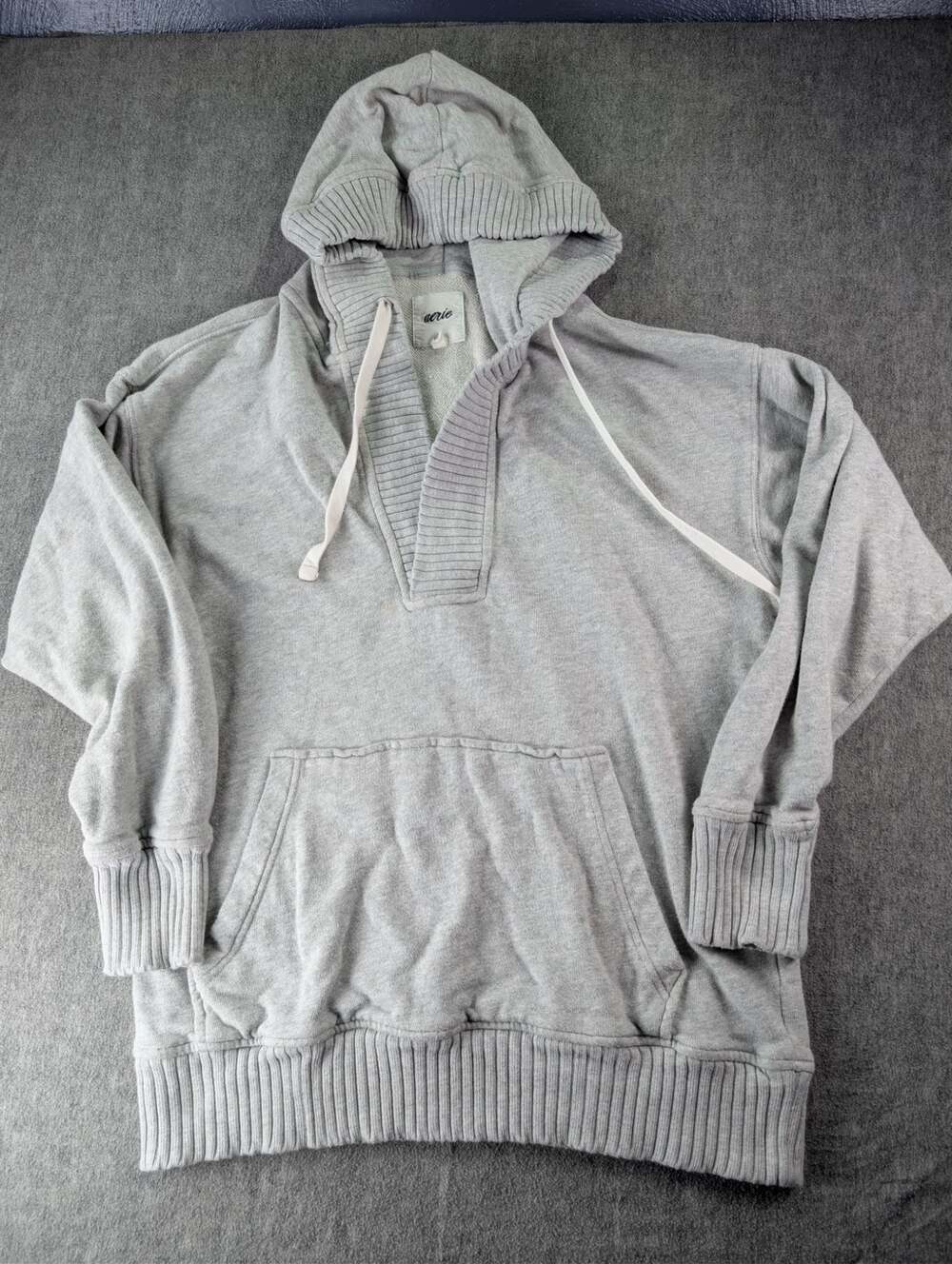 Aerie Gray Cozy Oversized Pullover Hoodie XS Ribbed Trim Casual Loungewear
